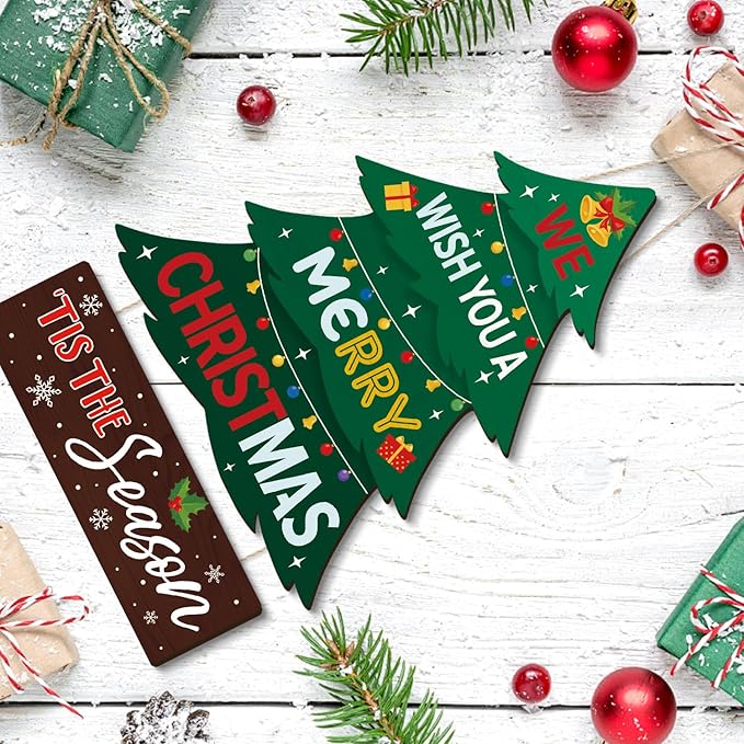 CHDITB Merry Christmas Tree Wooden Sign, We Wish You A Merry Christmas Wood Hanging Plaque, Holiday Xmas Front Door Sign, Rustic Festive Wall Hanger Xmas Wall Decor for Outdoor Porch Yard Home Decor