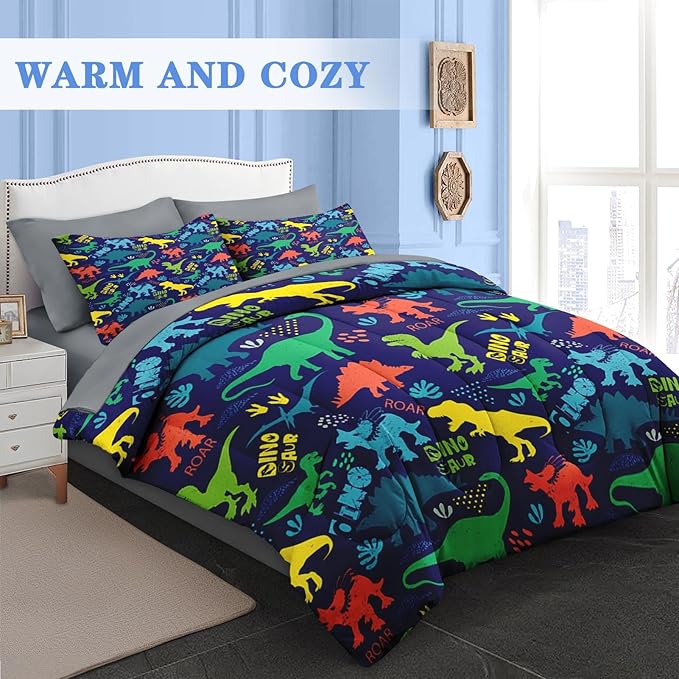 Comforter Set Queen Size, Dinosaur Shark Vintage 7 Pcs Bedding for Kids and Adults, Tropical Dino Bed Sheet Sets with Fitted Sheet 2 Pillowcase & 2 Sham for Bedroom Bed Decor