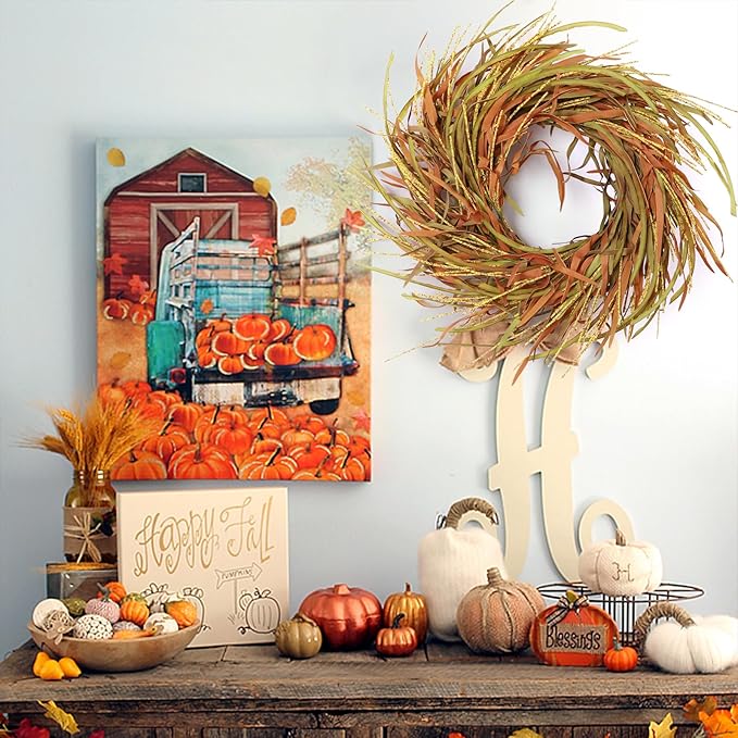 24 Inch Fall Wreath for Front Door Harvest Wreaths with Wheat Leaves and Wheat Ear, Large Autumn Wreath Decor for Farmhouse Wall Window Home Decoration and Halloween Christmas Thanksgiving Celebration