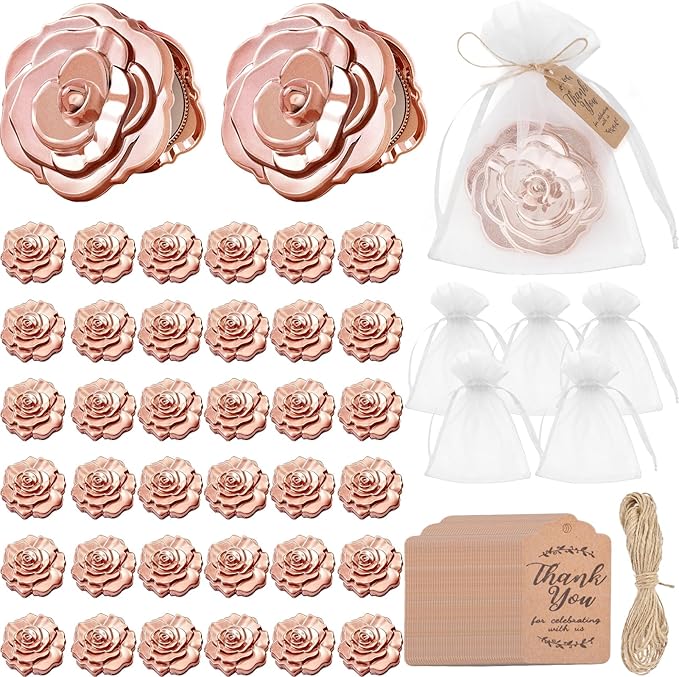 100 Set Rose Compact Mirrors Bulk Quinceanera Wedding Party Favors Including Rose Shape Mirrors and Thank You Tags with White Organza Bags for quinceanera, Wedding Party Guests Souvenir Gift (100)