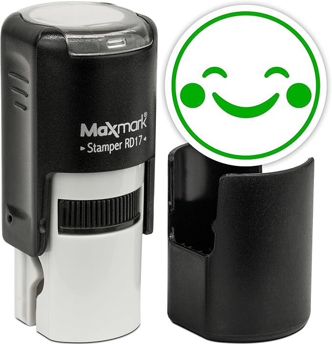 MaxMark Round Self Inking Emoji Stamp - Happy - Green Ink