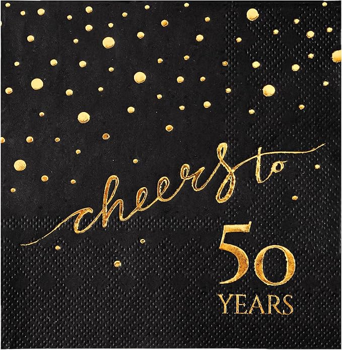 100 Pack of 50th Birthday Napkins, Cheers to 50 Cocktail 5x5 Inches Party Paper Napkins for Birthday Decorations Wedding Anniversary Black and Gold, 3-Ply