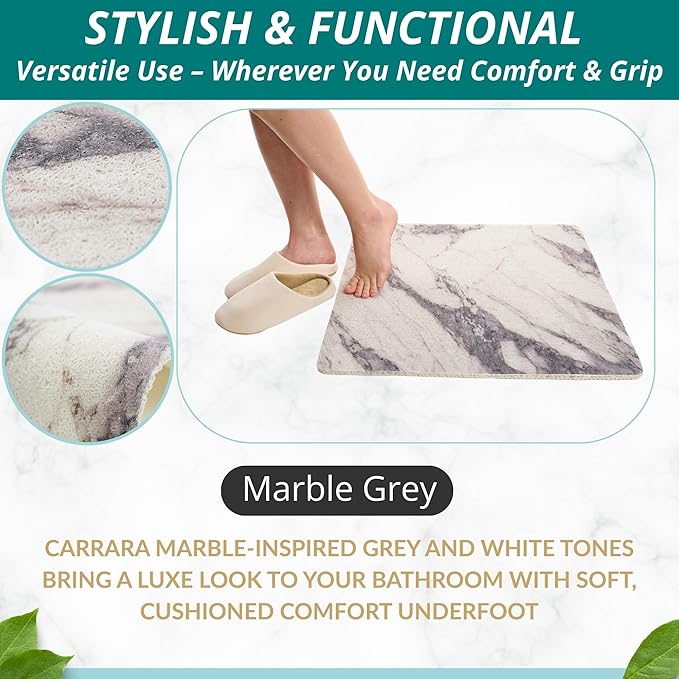 Enkosi Loofah Shower Mat Non Slip – Square Anti Slip Bath Mat for Inside Showers, Bathtub, Tub, Bathroom - Cushioned, Quick Dry PVC with Drain Holes - Secure Grip Safety Pad (Marble Grey 24x24)