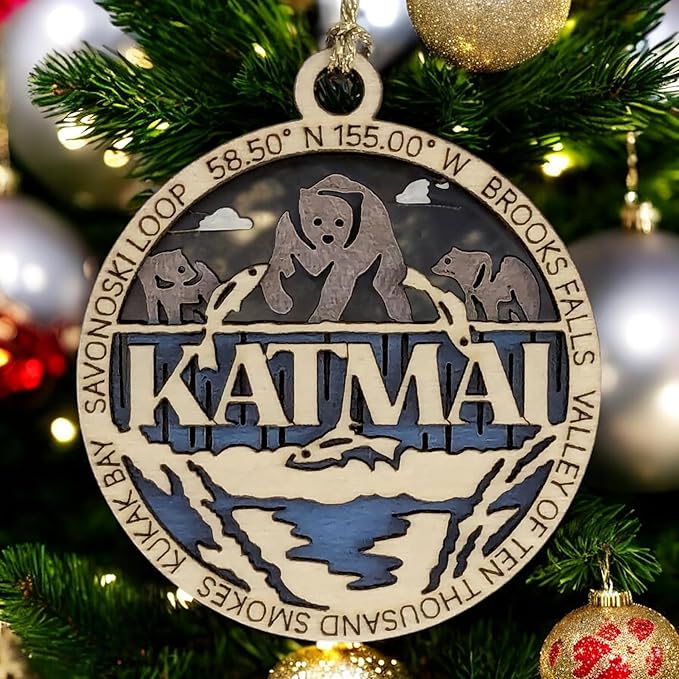 Katmai National Park Handcrafted Wood Ornament - 3" Bear Scene Christmas Decoration, Laser Cut in USA