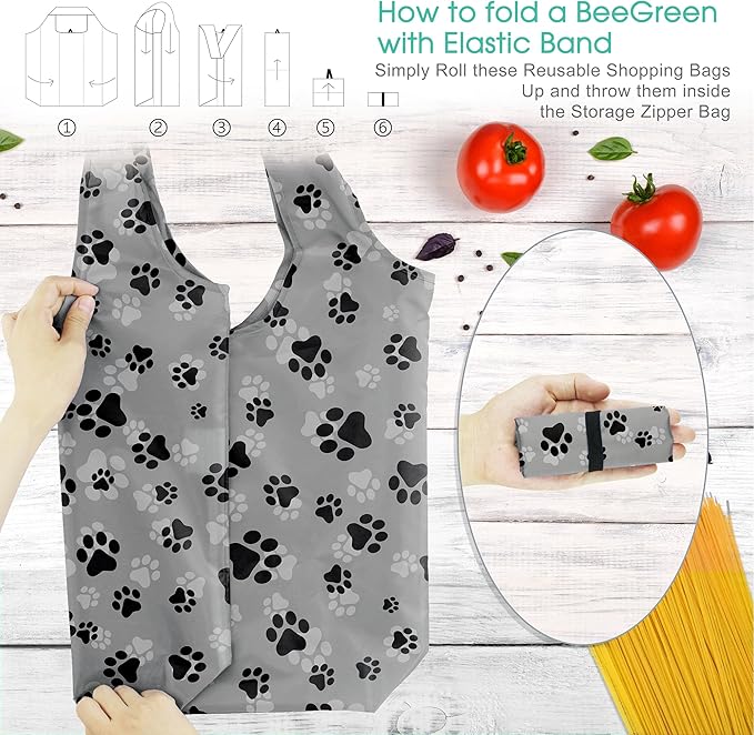 BeeGreen Dog Paws Reusable Grocery Bags with Zipper Storage Pouch 6 Pieces Dogs Reusable Shopping Bags Bulk with Elastic Band Foldable-Machine Washable Pets Gifts Tote Bags