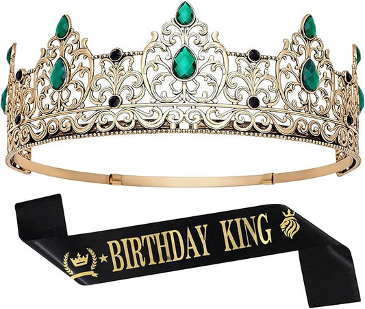 King Crown & Birthday Sash for Birthday Prom Party, Prom Decoration Gifts for Men, Costume Wedding Halloween