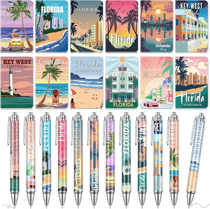 24 Pcs Florida Notebook with Pens Souvenirs Gifts Set, 12 Ballpoint Pens and 12 Notebooks, USA Florida Souvenirs for Traveler Office Supplies Birthday Gifts