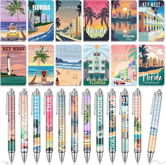 24 Pcs Florida Notebook with Pens Souvenirs Gifts Set, 12 Ballpoint Pens and 12 Notebooks, USA Florida Souvenirs for Traveler Office Supplies Birthday Gifts