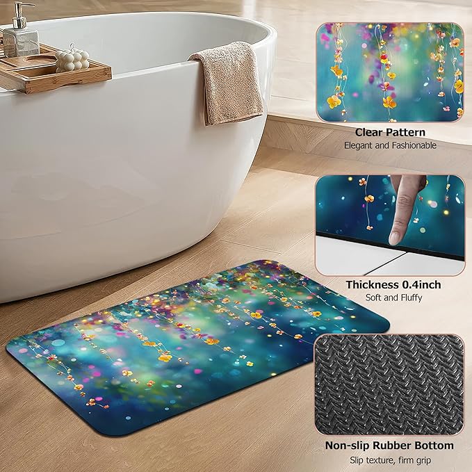 Non Slip Bath Mat,Abstract Flowers Bathroom Decor,Spring Floral Diatomaceous Bath Mat Quick Dry Absorbent Bathroom Rugs-Shower Rug for Kitchen Laundry Bathtub Shower 17"x29.5"