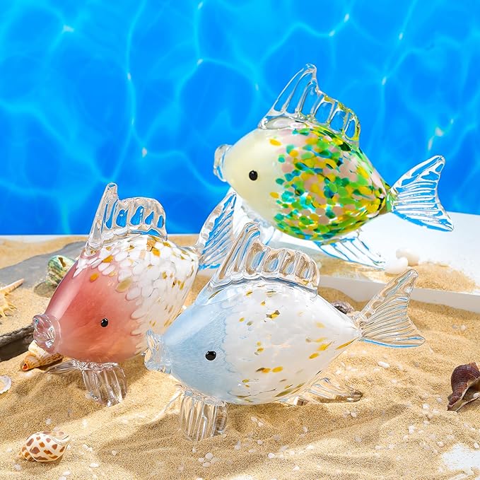 Ornalrist Blown Glass Fish Handmade Statue - Ocean Decor for Living Room, Green Colorful - Gifts for Women, Mom, Friends, Fish Lovers - Home Table Decor