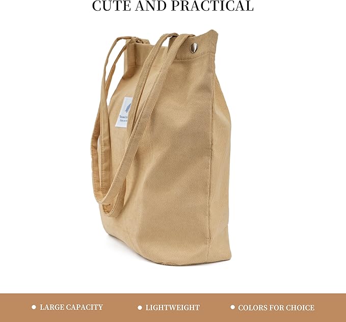 Corduroy Tote Bag Cute Tote Bags for Women Shoulder Bag with Inner Pocket for Work Beach Travel and Shopping Grocery