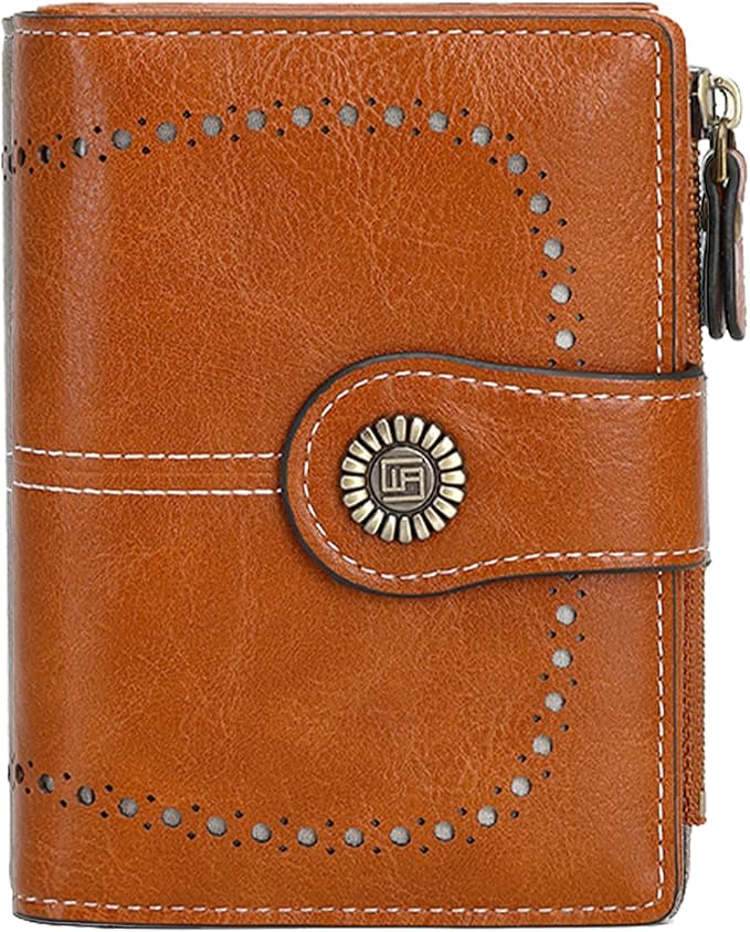 Women's Small Genuine Leather Bifold Wallet Large Capacity RFID Blocking with 16 Card Slots 2 ID Windows and Zipper Coin Pocket Pink (Brown)