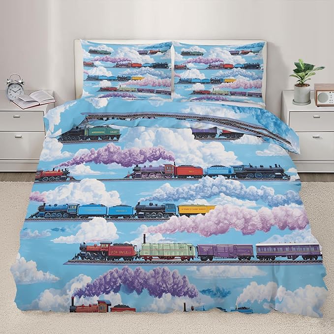 Vintage Steam Train Duvet Cover Twin Size Colorful Cartoon Train Bedding Set Cloud Railway Comforter Set Railway-Themed Comforter Cover with Pillowcases for Bedroom