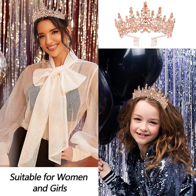 VELSCRUN Rose Gold Crystal Birthday Tiara Crowns for Women Girls It's My Birthday Sash Queen Girls Princess Crown with Combs Happy Birth Party Decorations Mom Sisters Birth Gift Hair Accessories