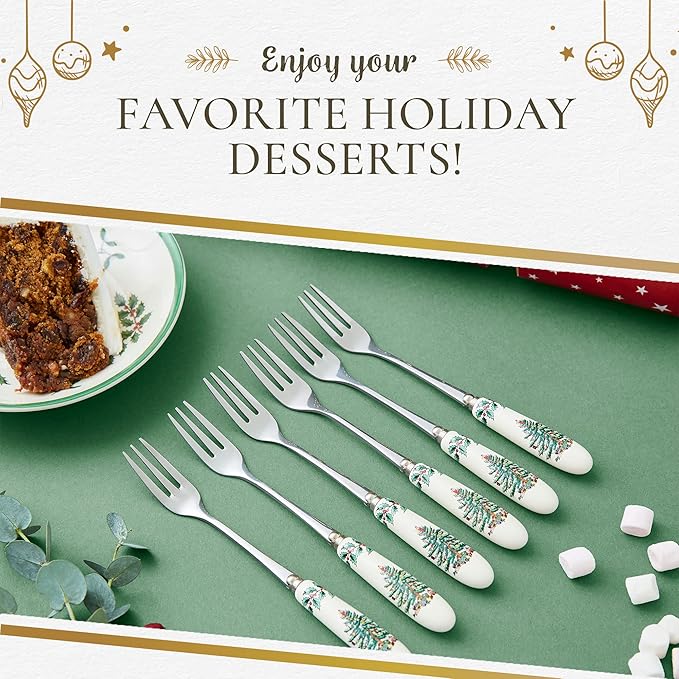 Spode Christmas Tree Pastry Forks (Set of 6), Stainless Steel Forks with Porcelain Handles for Holiday Meals, 6-Inch Festive Christmas Flatware - Seasonal Tableware & Silverware Gift Set