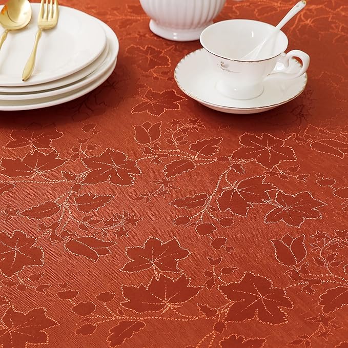 misaya Rectangle Thanksgiving Tablecloth, Waterproof Jacquard Fall Table Cloth, Damask Cloth Table Cover for Harvest Decor (60" x 102", Rust Maple Leaf)