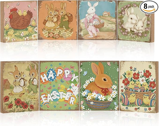 Wenqik 8 Pcs Vintage Easter Decorations Retro Bunny Wooden Sign Easter Table Centerpiece Tiered Tray Decor Bunny Ornaments Cute Spring Chicks Decor for Home Tabletop Desk Shelf Office Farmhouse