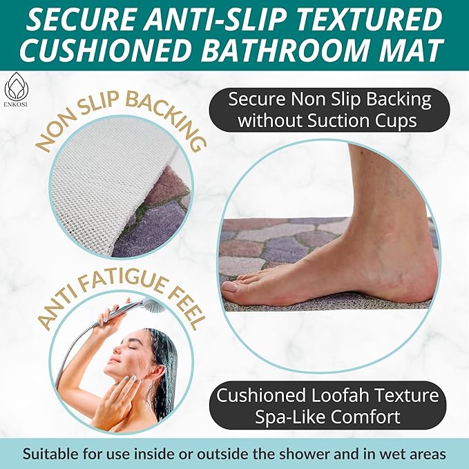 Square Shower Mat - Non Slip Shower Mats for Inside Shower - Extra Large 31x31 Shower Floor Mat Non Slip - Square Bath Mat for Shower - Secure Anti Slip Loofah Shower Bath Mat (31x31 Stone Path)