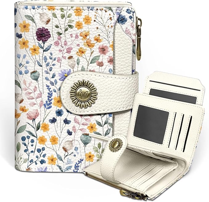 Floral Flowers Small Wallet Women RFID Blocking Bifold, Credit Card Holder, Zipper Coin Pocket, PU Leather, Compact, Travel, 4 ID Window, 14 Card Slots, Cash Purse, Ladies Woman Female Girls