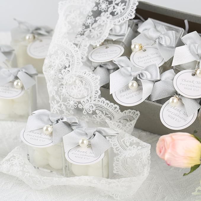 ACITHGL 30 Sets Small Bubble Candle Wedding Candles Favors for Guests Bulk Bridal Shower Favors Candles with Stylish Ribbons Thank You Cards Gifts (Shimmering Silver)
