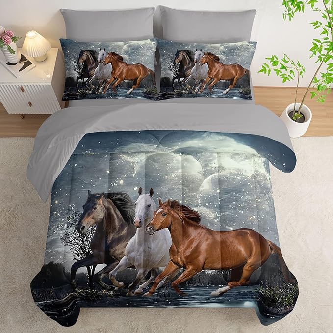 7Pcs Comforter Set 3D Western Horses Printed Bedding Set with 1 Comforter, 1 Flat Sheet, 1 Fitted Sheet and 4 Pillowcases for Boys and Girls Bedroom All Season(Horses Full)
