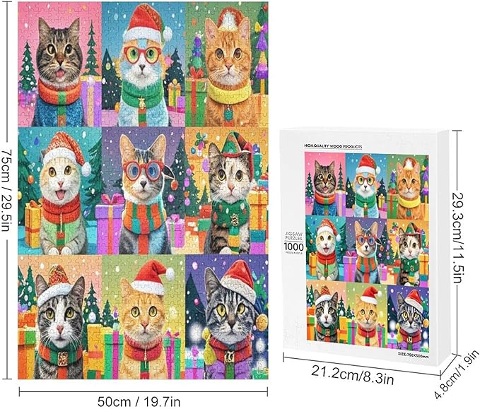 Wooden Puzzle 1000 Pieces Adult - Christmas Cat Puzzle Christmas Puzzles, Holiday Puzzles, Family Toys, Party Games, Jigsaw Puzzle Challenge and Funny