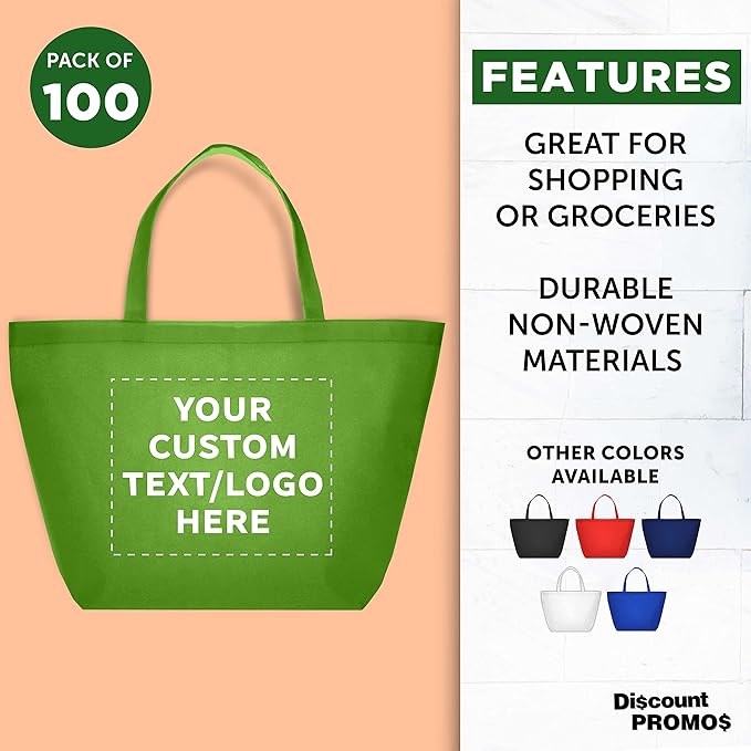 DISCOUNT PROMOS Custom Southern Style Grocery Tote Bags Set of 100 - Personalized Bulk Pack, Reusable Grocery & Shopping Bags - For Travel, Business Promotions - Lime Green - 20"X13"X8"
