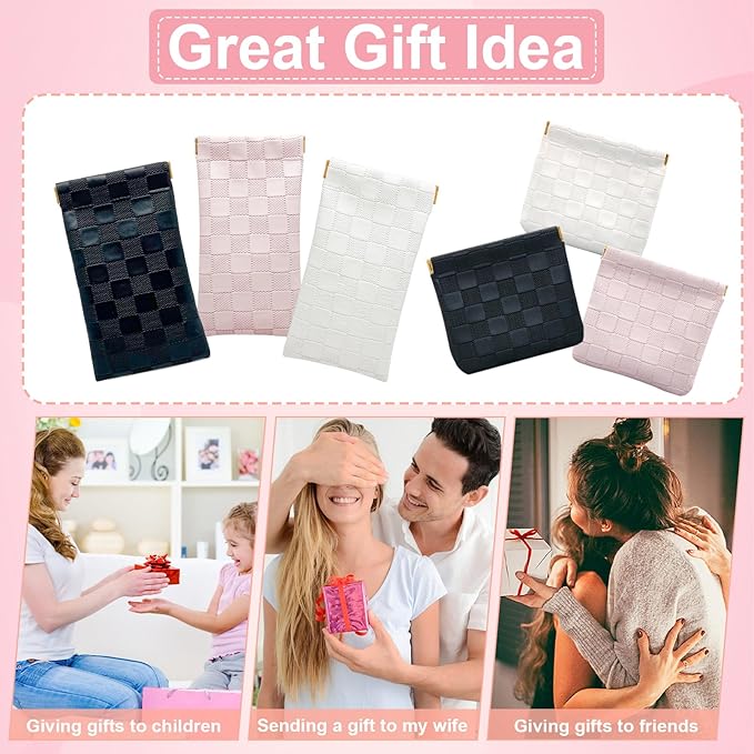 4PCS Small Makeup Bag for Purse, Mini Leather Pocket Cosmetic Bag for Women, Waterproof Portable Makeup Pouch No Zipper Coin Purse Lipstick Bag Accessories, Checkered Travel Storage Bag(White, Pink)