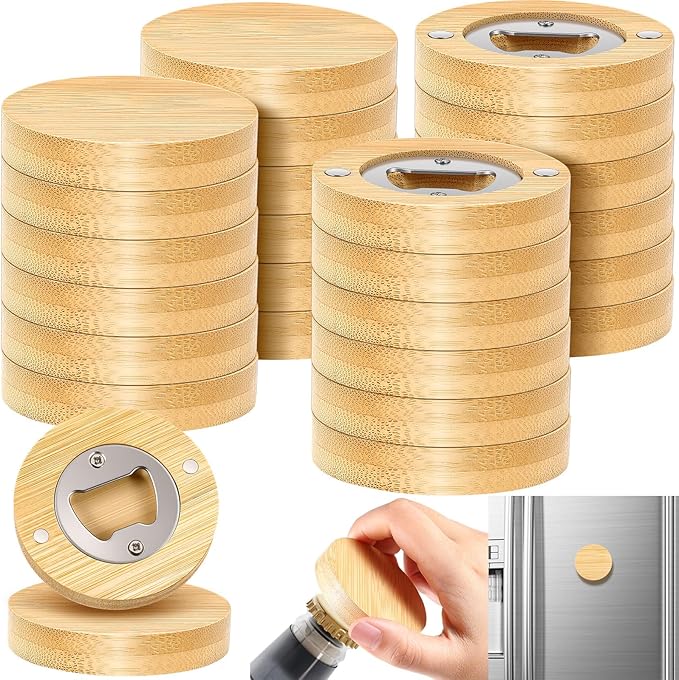 Vesici 24 Pcs Magnetic Bottle Opener 2.5in DIY Bamboo Round Shape Beer Openers Wooden Fridge Magnet Refrigerator Sticker Gift for Beer Lover Wedding Guest Kitchens Bars Parties