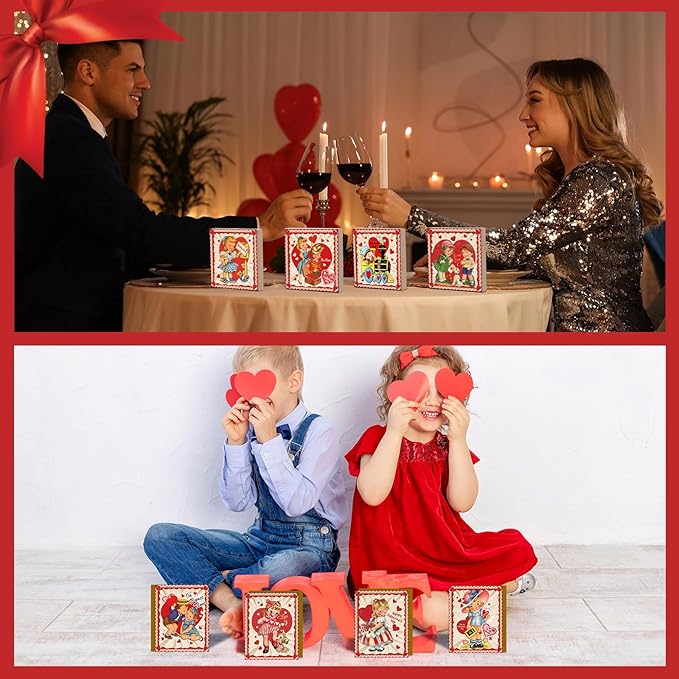 Wenqik 8 Pcs Vintage Valentine's Day Decorations Retro Valentine Wooden Sign Table Centerpiece Ornaments Farmhouse Red Heart Tiered Tray Decor for Home Tabletop Shelf Supplies, 8 Styles