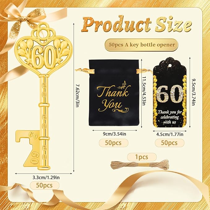 50Pcs 60th Gold Key Bottle Opener - 60th Birthday Party Favors, Anniversary Souvenirs With Thank You Cards
