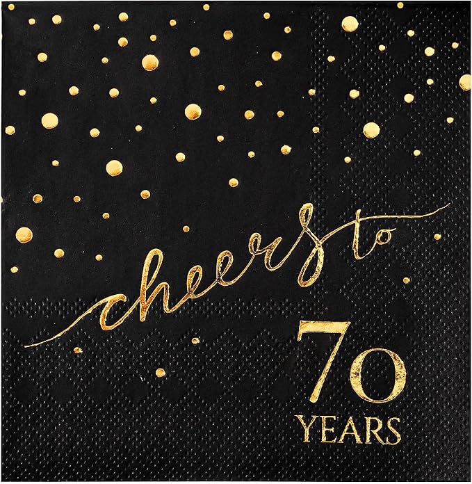 100 Pack of 70th Birthday Napkins, Cheers to 70 Cocktail 5x5 Inches Party Paper Napkins for Birthday Decorations Wedding Anniversary Black and Gold, 3-Ply