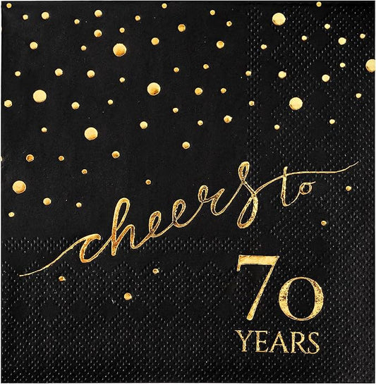 100 Pack of 70th Birthday Napkins, Cheers to 70 Cocktail 5x5 Inches Party Paper Napkins for Birthday Decorations Wedding Anniversary Black and Gold, 3-Ply