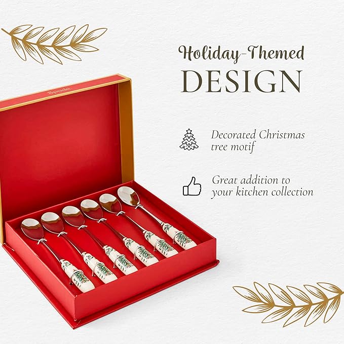 Spode Christmas Tree Teaspoons – Set of 6, Holiday Silverware for Desserts & Beverages, Stainless Steel Flatware with Porcelain Handles, 6-Inch Festive Dessert Spoons, Gift-Boxed
