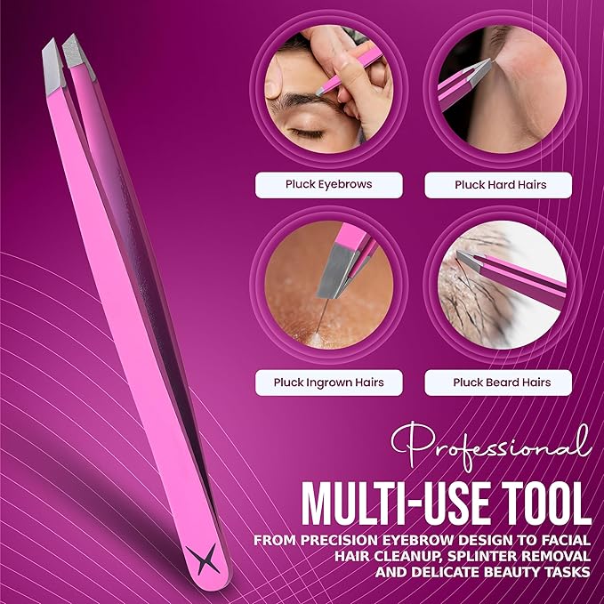 Slanted Stainless Steel Tweezers for Men & Women - Precision Eyebrow Tweezers for Facial Hairs, Strong Grip, Fine Tip, Professional Tweezer for Plucking & Grooming (Pink)