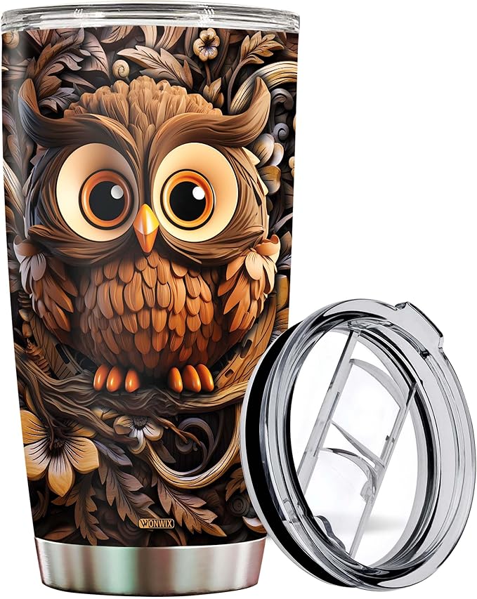 Owls Gifts for Women Girl 20oz Stainless Steel Insulated Tumbler Owl Wood Drawing Coffee Travel Mug Cup Water Bottle Gift for Her Mom Wife Daughter Birthday Christmas