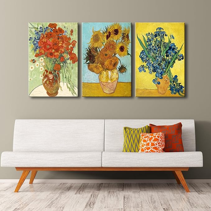 Wieco Art 3 Panels Canvas Prints of Vincent Van Gogh Paintings Reproduction Red Poppies and Daisies Irises in Vase Sunflower Canvas Wall Art for Living Room Home Office Decor