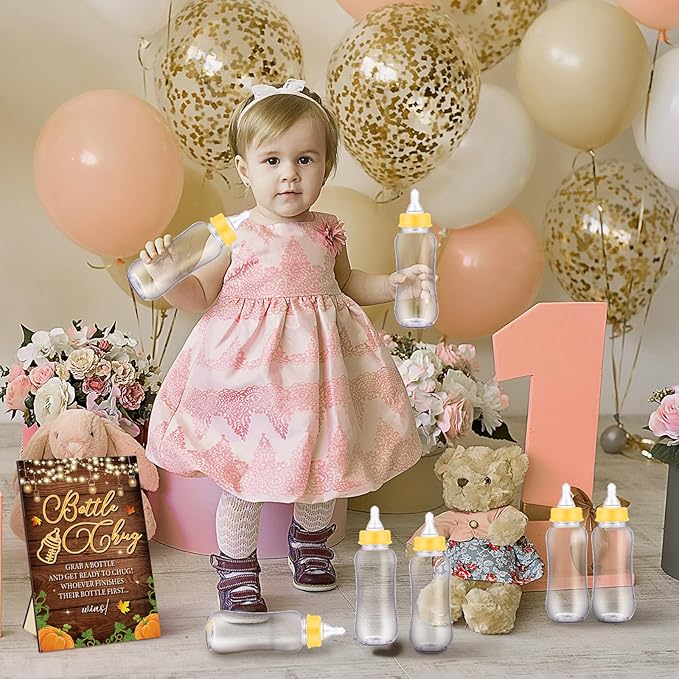 TrelaCo Cool Baby Shower Games Wooden Bottle Chug Sign Fall Pumpkin Gift Set and 12 Pcs Baby Bottle Shower Favor for Thanksgiving Decor Game