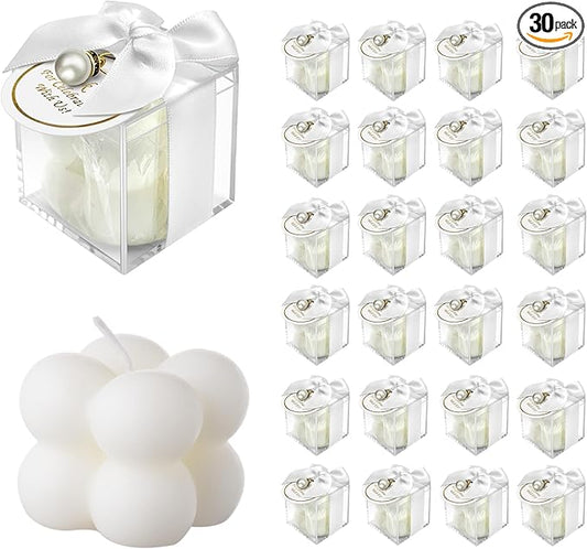 ACITHGL 30 Sets Fully Assembled Small Bubble Candle Party Favors for Guests Bulk Bridal Showers Favors Candles with Stylish Ribbons Thank You Cards Gifts (White)