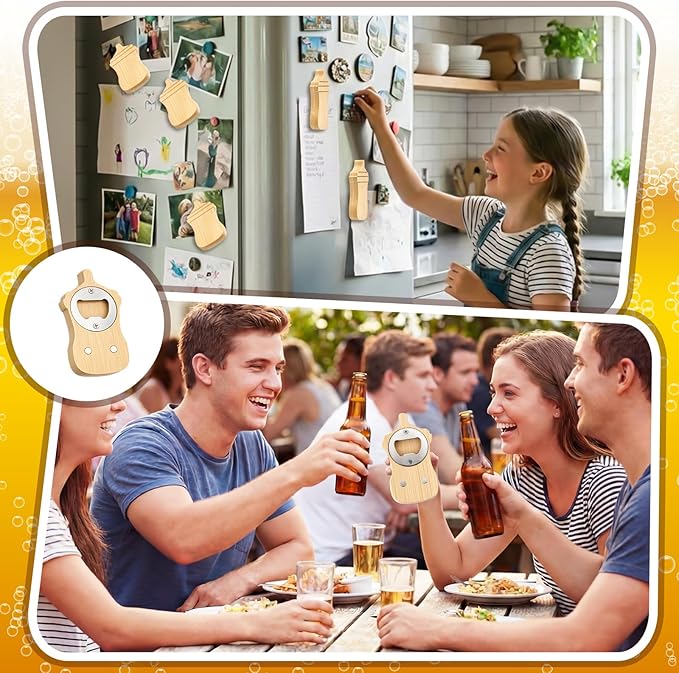 Vesici 24 Pcs Magnetic Bottle Opener 2.5in DIY Bamboo Baby Bottle Shape Beer Openers Wooden Fridge Magnet Refrigerator Sticker Gift for Beer Lover Wedding Guest Kitchens Bars Parties