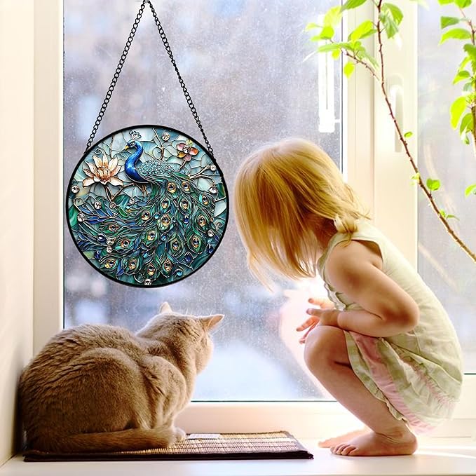 Stained Glass Window Hanging, Blue Peacock Decoration Suncatcher for Door Garden Home Flower Bird Sun Catchers Christmas Mother's Day Birthday Gifts for Women Men Mom Nana Friend 11.8 in