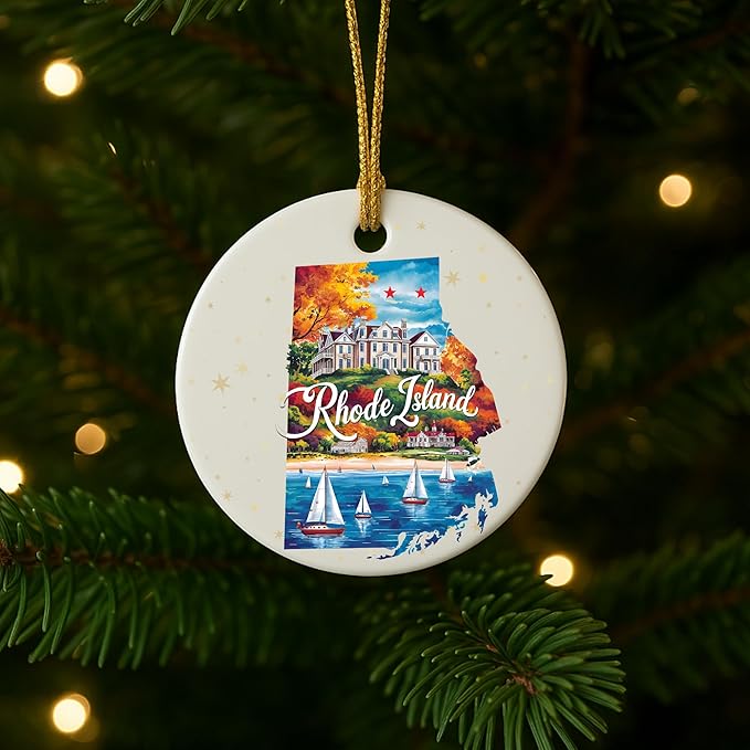 USA State Landmark Ceramic Ornament – Round Glossy Christmas Decoration Featuring U.S. State Art, Landmarks & Holiday Scenery – Collectible Travel Souvenir Ornament Series (Rhode Island)