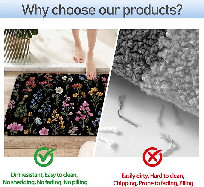 Groovy Flowers Bathroom Rug 29.5"x17", Super Absorbent Fast Drying Bath Mat with Non-Slip Rubber Backing, Thin Low-Profile Easy-Clean Bathroom Floor Mat for Shower or Tub