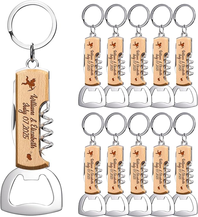 10PCS Personalized Wooden Multifunctional Bottle Opener, Customized Favors Gifts for Wedding Birthday Party, Engraved Bottle Opener Keychains for Guest