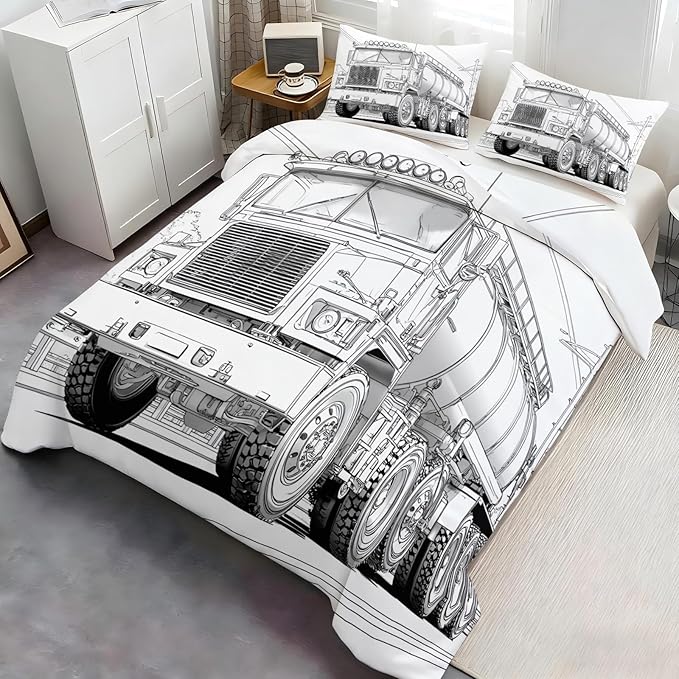 Tanker Truck Duvet Cover California King Mechanical Vehicle Bedding Set Black White Mechanical Cars Comforter Set Industrial Style Duvet Cover with Zipper Ties for Bedroom