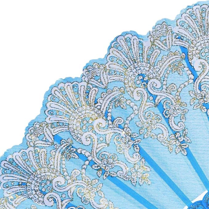 QIRMIZI 10 Pack Folding Handheld Fans,Silk Spanish Fan, Perfect for Weddings, Parties, and Dancing,Light Blue
