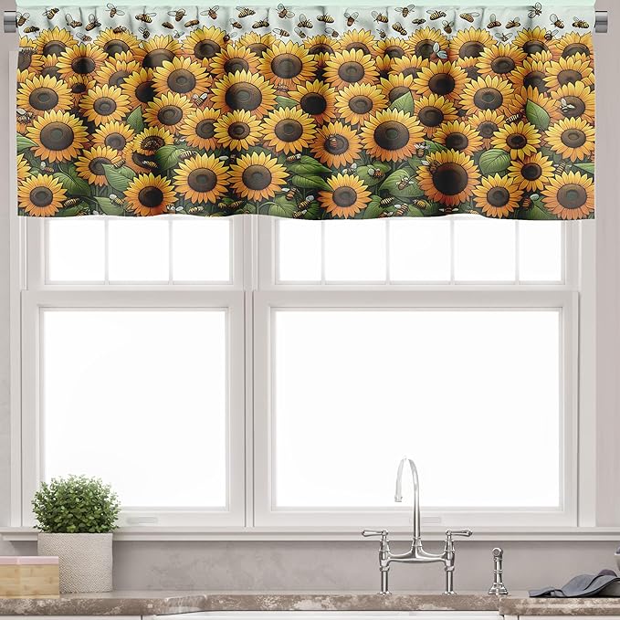 Ambesonne Summer Tones Valance & Tier Curtain 3 pcs Set, Cottagecore Sunflowers Scenario with Flying Bees and Modern Stripes, Window Treatments for Kitchen Room Decor, 55" x 45", Mustard Reseda Green