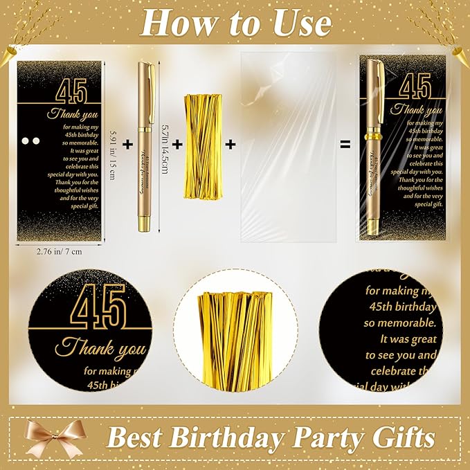 50 Set 45th Birthday Party Favor for Guest Anniversary Party Favor with Black and Gold Ballpoint Pens and Thank You Cards for Women Men Birthday Anniversary Appreciation Gifts
