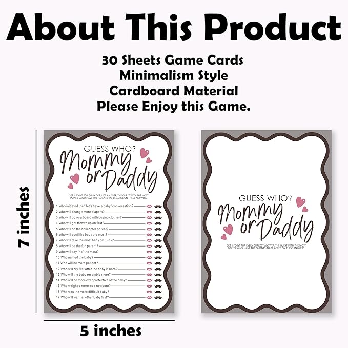 Guess Who？Mommy Or Daddy Games For Baby Shower, 30 Double Sided Minimalism Game Card For Boy Girl, Baby Announcement Gender Reveal,Baby Shower Decoration And Favor- A03