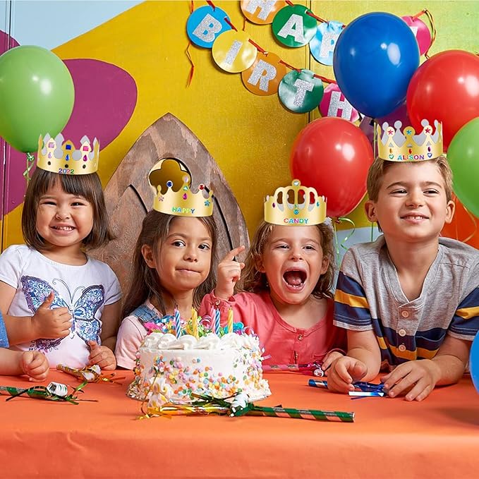 ZYNERY 47 PCS Golden Birthday Crowns with DIY Stickers Kit Paper Crown Party Hats for Kids Classroom School,Prince Princess Birth Decor Gift